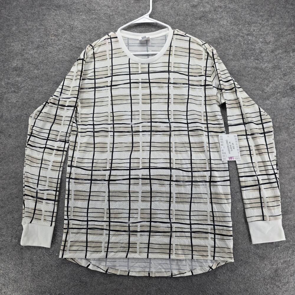 LuLaRoe Hudson Long Sleeve Shirt Mens Medium Beige Black Grid Print Stretch Top